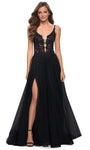 Plus Size A-line V-neck Floor Length Sleeveless Open-Back Crystal Beaded Mesh Embroidered Slit Semi Sheer Fitted Hidden Back Zipper Gathered Plunging Neck Natural Waistline Prom Dress with a Brush/Swe