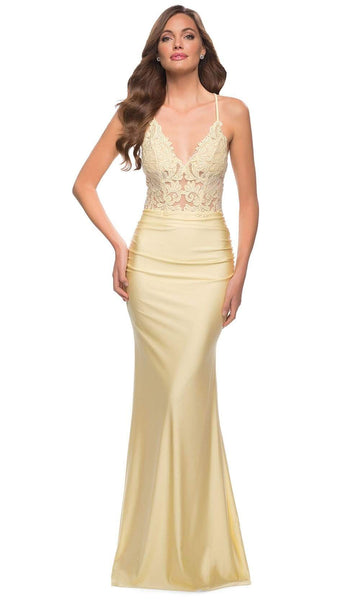 V-neck Sheath Fitted Ruched Open-Back Natural Waistline Sleeveless Floor Length Plunging Neck Sheath Dress/Evening Dress