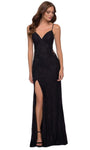 V-neck Fitted Slit Lace-Up Back Zipper Keyhole Plunging Neck Lace Natural Waistline Sleeveless Sheath Sheath Dress with a Brush/Sweep Train