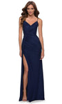 V-neck Sleeveless Spaghetti Strap Slit Ruched Lace-Up Fitted Jersey Sheath Natural Waistline Sheath Dress/Evening Dress