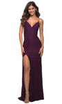 V-neck Sleeveless Spaghetti Strap Sheath Floor Length Back Zipper Glittering Slit Open-Back Fitted Natural Waistline Lace Sheath Dress/Evening Dress with a Brush/Sweep Train