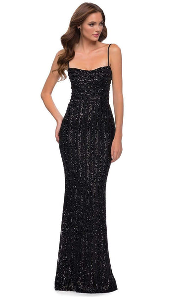 Sexy Sleeveless Spaghetti Strap Natural Waistline Striped Print Sequined Fitted Open-Back Back Zipper Floor Length Sheath Square Neck Sheath Dress/Evening Dress with a Brush/Sweep Train