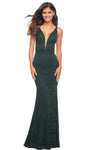 V-neck Mermaid Sleeveless Natural Waistline Illusion Sheer Open-Back Beaded Back Zipper Plunging Neck Lace Dress with a Brush/Sweep Train