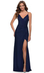 V-neck Floor Length Sheath Sleeveless Spaghetti Strap Natural Waistline Open-Back Pleated Lace-Up Fitted Ruched Slit Jersey Sheath Dress/Evening Dress