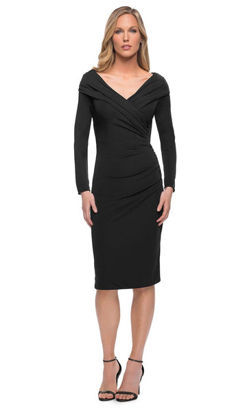 V-neck Sheath Above the Knee Pleated Back Zipper Ruched Fitted Plunging Neck Natural Waistline Long Sleeves Sheath Dress/Evening Dress