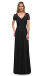 Sophisticated A-line V-neck Floor Length Ruched Back Zipper Sheer Short Sleeves Sleeves Natural Waistline Evening Dress