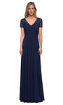 Sophisticated A-line V-neck Floor Length Natural Waistline Short Sleeves Sleeves Ruched Sheer Back Zipper Evening Dress