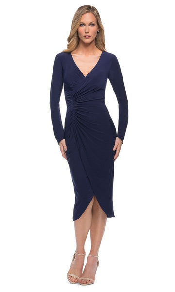 Sophisticated V-neck Long Sleeves Above the Knee Ruched Back Zipper Wrap Fitted Jersey Sheath Natural Waistline Sheath Dress