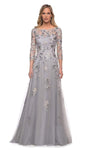 A-line Floor Length Bateau Neck Long Sleeves Floral Print Back Zipper V Back Sequined Sheer Flowy Natural Waistline Mother-of-the-Bride Dress with a Brush/Sweep Train