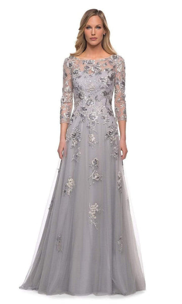 A-line Floral Print Bateau Neck Long Sleeves Floor Length Flowy V Back Sequined Back Zipper Sheer Natural Waistline Mother-of-the-Bride Dress with a Brush/Sweep Train