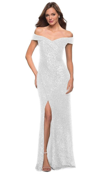 V-neck Cap Sleeves Off the Shoulder Sheath Floor Length Natural Waistline Ruched Hidden Back Zipper Slit Sequined Fitted V Back Sheath Dress/Evening Dress