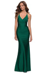 V-neck Ruched Open-Back Fitted Lace-Up Floor Length Sleeveless Spaghetti Strap Sheath Sheath Dress by La Femme