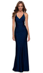 V-neck Sleeveless Spaghetti Strap Fitted Lace-Up Open-Back Ruched Sheath Floor Length Sheath Dress by La Femme