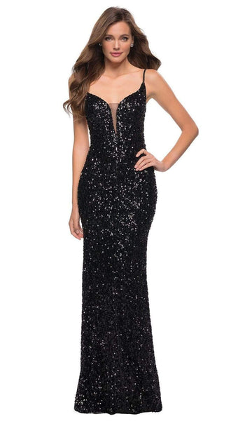 V-neck Plunging Neck Sweetheart Sheath Spaghetti Strap Natural Waistline Sheer Illusion Sequined Back Zipper Sheath Dress/Prom Dress with a Brush/Sweep Train