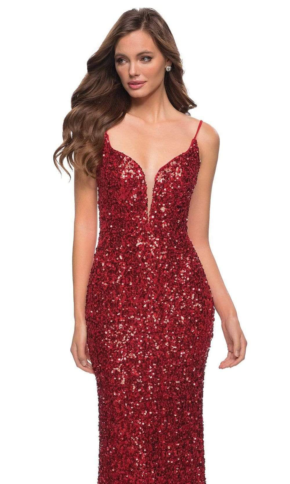 La Femme - 29872 Spaghetti Strap Sequin-Ornate Junior Prom Sheath Dress
