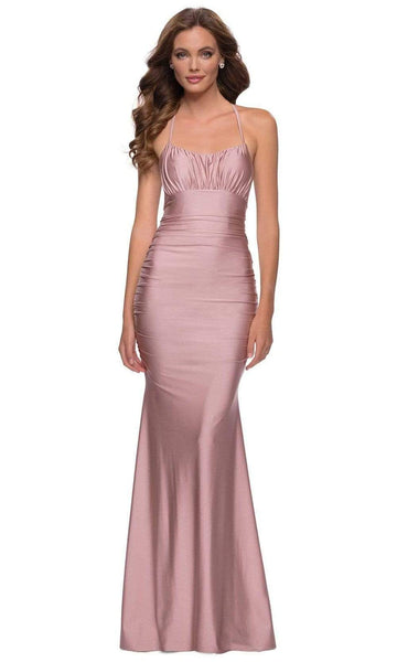 Modest Jersey Hidden Back Zipper Open-Back Ruched Fitted Floor Length Sheath Sleeveless Spaghetti Strap Empire Waistline Scoop Neck Sheath Dress/Prom Dress with a Brush/Sweep Train