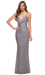 V-neck Sheath Sleeveless Spaghetti Strap Lace-Up Fitted Sequined Open-Back Natural Waistline Floor Length Sheath Dress/Evening Dress with a Brush/Sweep Train