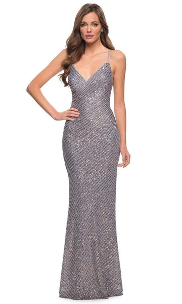 V-neck Natural Waistline Lace-Up Open-Back Fitted Sequined Floor Length Sheath Sleeveless Spaghetti Strap Sheath Dress/Evening Dress with a Brush/Sweep Train