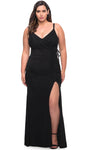 Plus Size V-neck Sheath Jersey Back Zipper Ruched Gathered Slit Fitted Sleeveless Natural Waistline Sheath Dress/Evening Dress/Prom Dress With a Ribbon