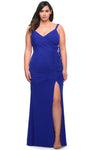 Plus Size V-neck Jersey Sheath Sleeveless Slit Back Zipper Ruched Fitted Gathered Natural Waistline Sheath Dress/Evening Dress/Prom Dress With a Ribbon