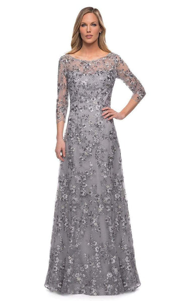 Modest A-line Floor Length Sheer Sleeves Floral Print Sheer Embroidered Back Zipper Jeweled Neck Natural Waistline Mother-of-the-Bride Dress with a Brush/Sweep Train