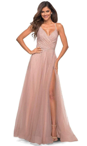 A-line V-neck Floor Length Tulle Open-Back Beaded Faux Wrap Glittering Slit Lace-Up Sleeveless Spaghetti Strap Natural Waistline Dress with a Brush/Sweep Train With Rhinestones