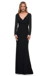 V-neck Jersey Natural Waistline Floor Length Long Sleeves Sheath Ruched Fitted Back Zipper Sheath Dress/Evening Dress
