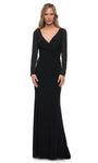 V-neck Floor Length Ruched Back Zipper Fitted Sheath Long Sleeves Natural Waistline Jersey Sheath Dress/Evening Dress