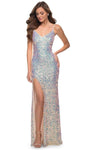 Sophisticated V-neck Spaghetti Strap Natural Waistline Sheath Slit Back Zipper Sequined Sheath Dress with a Brush/Sweep Train