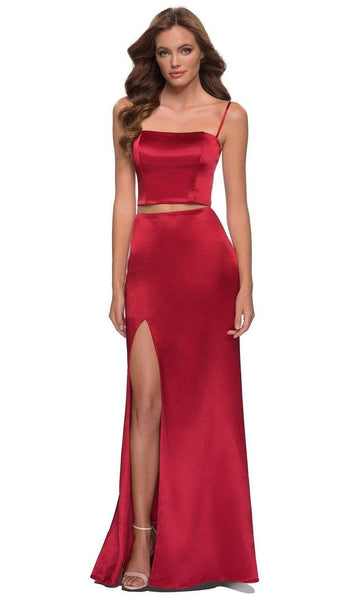 Natural Waistline Fitted Open-Back Slit Sleeveless Spaghetti Strap Floor Length Square Neck Satin Sheath Sheath Dress/Evening Dress