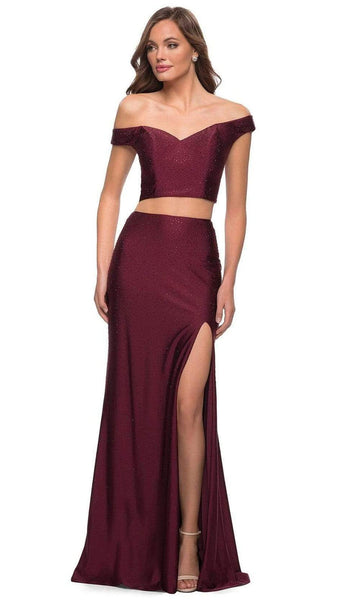 Sheath Natural Waistline Slit Jeweled Open-Back Back Zipper Off the Shoulder Jersey Sweetheart Sheath Dress/Prom Dress with a Brush/Sweep Train With Rhinestones