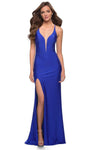 Sexy Sophisticated V-neck Open-Back Fitted Back Zipper Applique Beaded Sheer Slit Jersey Floor Length Plunging Neck Sleeveless Sheath Natural Waistline Sheath Dress/Prom Dress with a Brush/Sweep Train