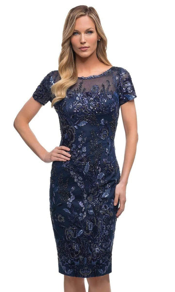 Natural Waistline Sheath Short Sleeves Sleeves Back Zipper Beaded Sequined Fitted Above the Knee Jeweled Neck Floral Print Sheath Dress