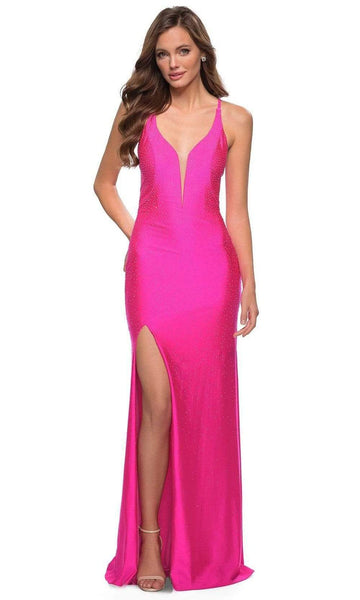Sexy V-neck Jersey Floor Length Back Zipper Slit Fitted Sheer Open-Back Beaded Applique Sleeveless Plunging Neck Sheath Natural Waistline Sheath Dress/Prom Dress with a Brush/Sweep Train