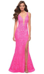 Sexy V-neck Plunging Neck Sleeveless Lace Sheath Floor Length Natural Waistline Sheer V Back Fitted Keyhole Slit Applique Beaded Sheath Dress/Prom Dress with a Brush/Sweep Train