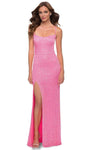 Sexy Sleeveless Spaghetti Strap Sequined Slit Fitted Back Zipper Open-Back Applique Square Neck Natural Waistline Sheath Floor Length Sheath Dress with a Brush/Sweep Train