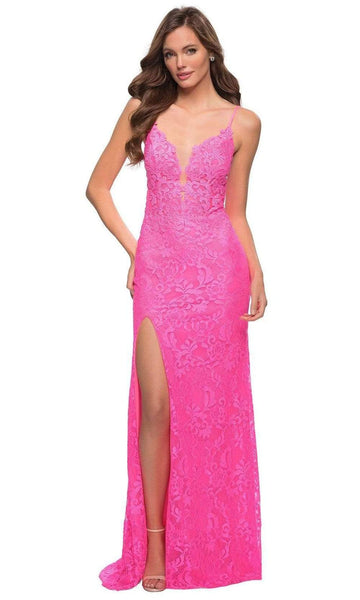 Sexy V-neck Sheath Sleeveless Spaghetti Strap Floor Length Natural Waistline Lace Plunging Neck Beaded Sheer Applique Fitted Slit Back Zipper Open-Back Sheath Dress/Evening Dress with a Brush/Sweep Tr
