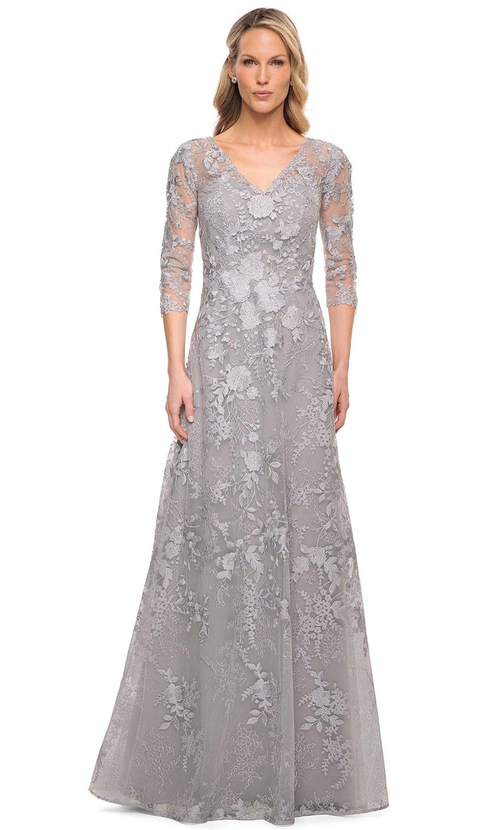 La Femme 29989 - Embroidered Sheer Lace Mother of the Groom V-Neck Gown
