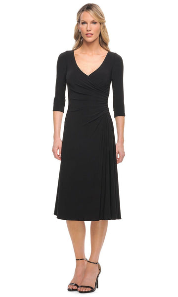 A-line V-neck Jersey Above the Knee Elbow Length Sleeves Ruched Pleated Fitted Back Zipper Natural Waistline Evening Dress