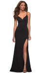 V-neck Fitted Slit Open-Back Back Zipper Jersey Mermaid Natural Waistline Spaghetti Strap Dress with a Brush/Sweep Train