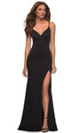 V-neck Back Zipper Slit Fitted Open-Back Spaghetti Strap Mermaid Natural Waistline Jersey Dress with a Brush/Sweep Train