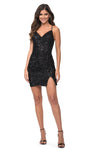 V-neck Sheath Ruched Sequined Slit Side Zipper Natural Waistline Short Spaghetti Strap Sheath Dress