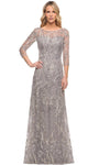 A-line Bateau Neck 3/4 Sleeves Natural Waistline Back Zipper Sheer Illusion Open-Back Embroidered Beaded Lace Evening Dress/Mother-of-the-Bride Dress with a Brush/Sweep Train