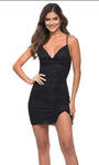 Sexy V-neck Sheath Lace Sleeveless Spaghetti Strap Plunging Neck Natural Waistline Cocktail Short Open-Back Slit Fitted Hidden Back Zipper Sheath Dress