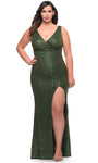 Plus Size V-neck Natural Waistline Sheath Sleeveless Hidden Back Zipper Sequined Slit Fitted Sheath Dress with a Brush/Sweep Train