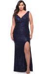 Plus Size V-neck Slit Fitted Sequined Hidden Back Zipper Natural Waistline Sleeveless Sheath Sheath Dress with a Brush/Sweep Train