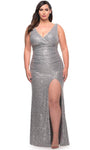 Plus Size V-neck Sheath Natural Waistline Sleeveless Hidden Back Zipper Slit Fitted Sequined Sheath Dress with a Brush/Sweep Train