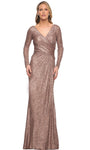 Tall V-neck Long Sleeves Metallic Wrap Ruched Back Zipper Goddess Sequined Sheath Natural Waistline Sheath Dress/Evening Dress