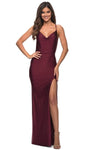 V-neck Jersey Sheath Natural Waistline Cowl Neck Back Zipper Open-Back Beaded Crystal Slit Lace-Up Floor Length Sleeveless Spaghetti Strap Sheath Dress/Evening Dress/Party Dress with a Brush/Sweep Tra