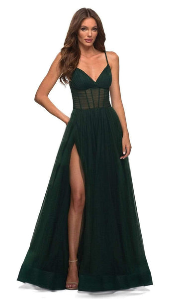 A-line V-neck Back Zipper Pocketed Ruched Sheer Slit Spaghetti Strap Tulle Corset Empire Waistline Dress with a Brush/Sweep Train